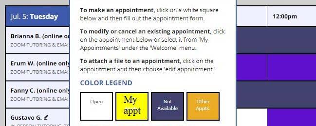 screenshot of different appointment types
