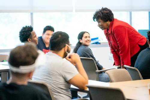 Provost Betty Stewart engages with students in the inaugural UNT Dallas Growth Mindset Boot Camp in June 2023