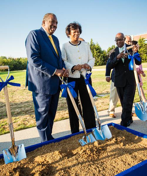 Provost Betty Stewart with State Sen. Royce West at the UNT Dallas STEM Building groundbreaking on Sept. 29, 2023