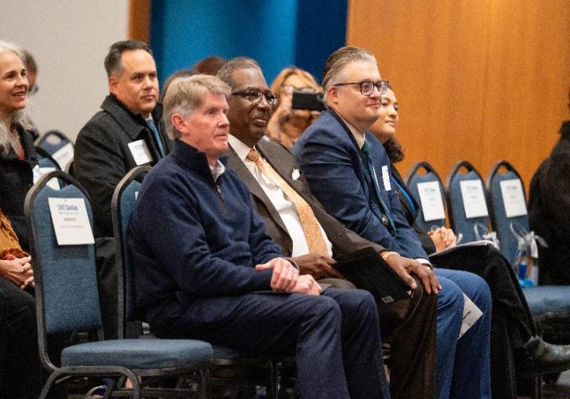 UNT System Chancellor Dr. Michael K. Williams (left) Seated with Texas State Sen. Royce West and Dr. Mario Casa de Calvo, Dean of the School of Liberal Arts and Sciences