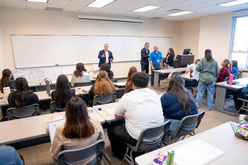 Students in the Teacher Residency Program Listen as President Warren von Eschenbach Celebrates Their Success and Commitment, as Interim Dean Dr. Patrick Valdez, Administrative Coordinator David Casarez and Director of Clinical Practice Emily Waneck Listen 