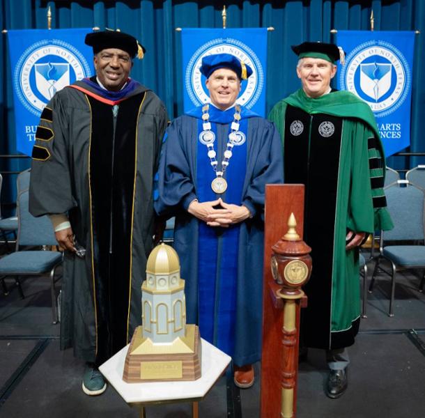 Texas State Senator Royce West (left) with President Warren von Eschenbach and UNT System Chancellor Michael R. Williams (right)