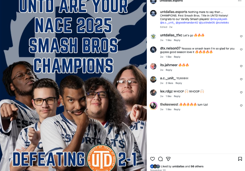 Instagram Post Sharing the eSports Smash Bros Team's Defeat of UTD to Win the Championship