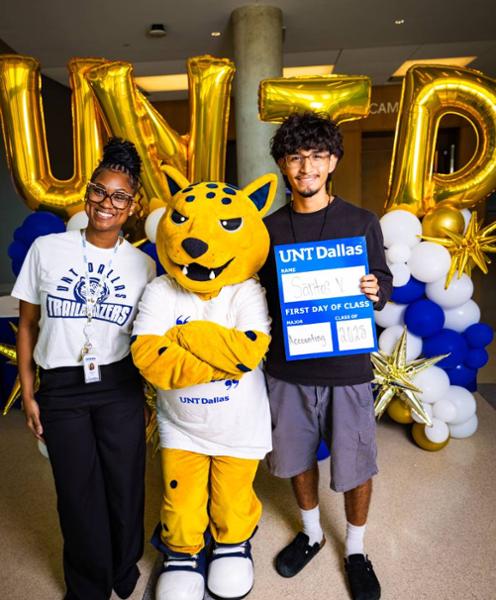 Two Students and Mascot Jax on the First Day of the Fall 2026 Semester 