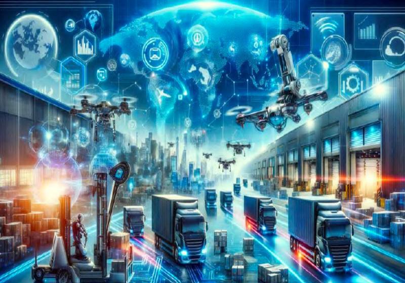 An Image Depicting the Future of Logistics Including a Mix of Ground and Air Transportation Innovations