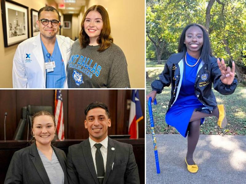 Maddie Mansell with Dr. Edgar Araiza at Methodist Dallas Hospital; Noe Mendoza Jr. with Co-Counsel Katelyn Mitchell at the 2026 Thompson Coburn Moot Court Competition, Where They Placed Second, and Hana Taylor-Schlitz 