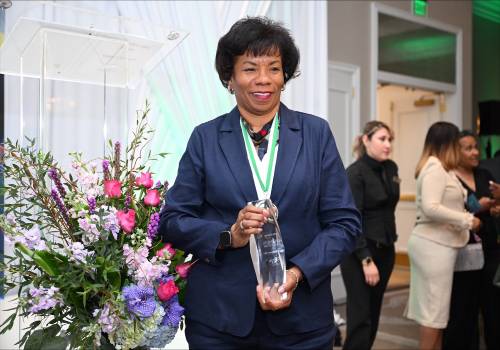 UNT Dallas Provost Betty Stewart holds her Women Who STEAM Award following the ceremony at the Warwick Melrose Hotel on April 4, 2024