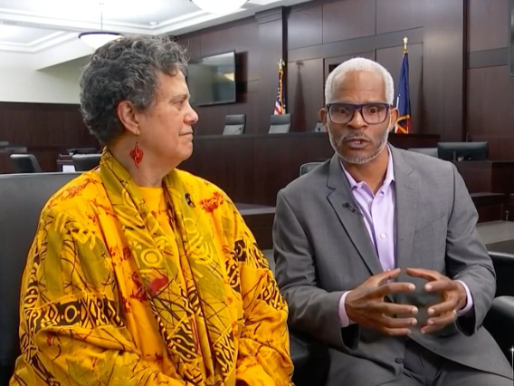 Professor Cheryl Wattley with Richard Miles, a Dallas man whose exoneration she fought for. Courtesy NBC5/KXAS-TV