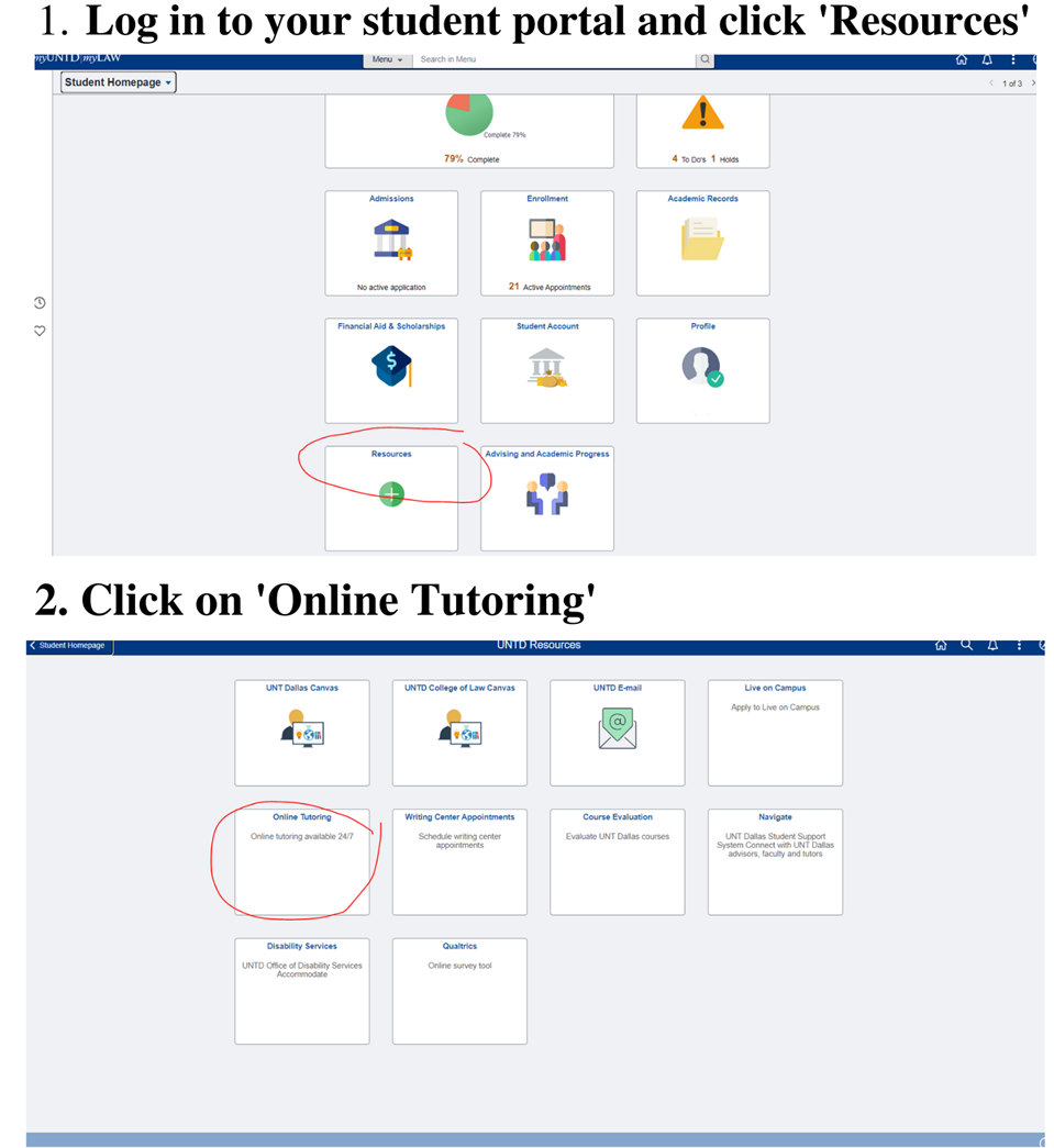 image shows the first two steps for accessing brainfuse with resources page in student portal and online tutoring in resources