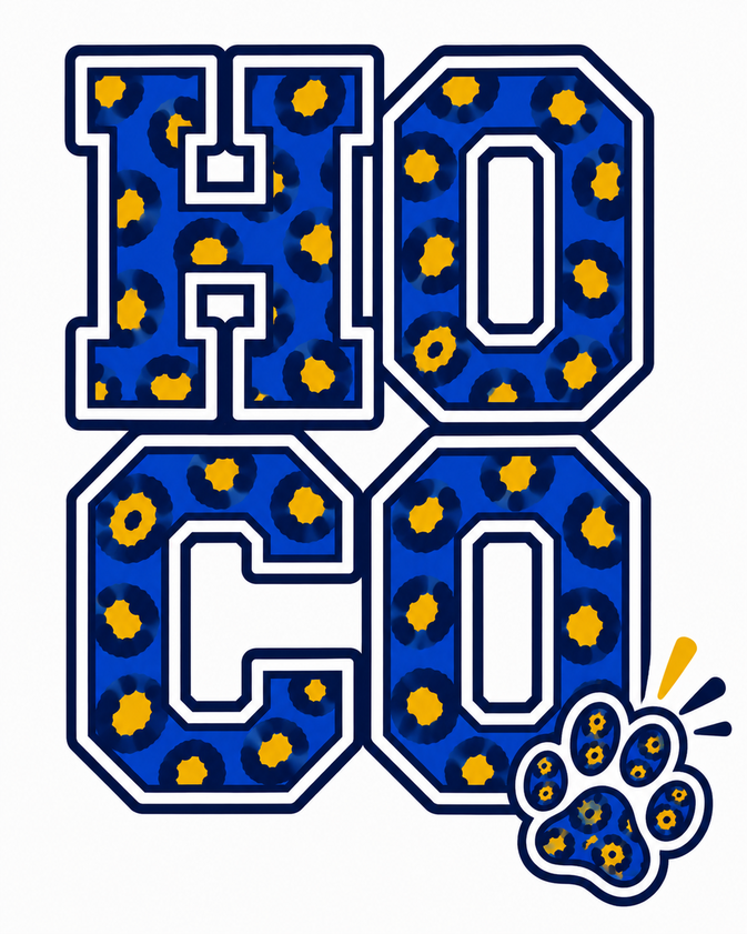 “HOCO” in bold stacked blue varsity lettering filled with yellow-and-navy jaguar spots, outlined in white and navy. A single matching jaguar paw print with blue, yellow, and navy accents appears at the lower right.