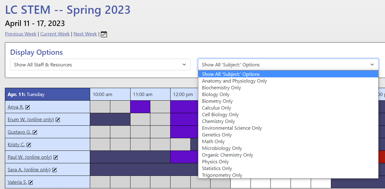 wconline stem schedule display options all subjects