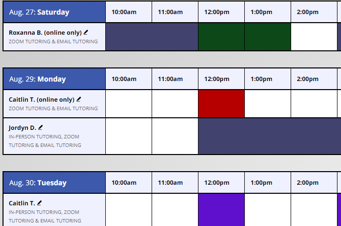 schedule calendar showing available tutors with white slots