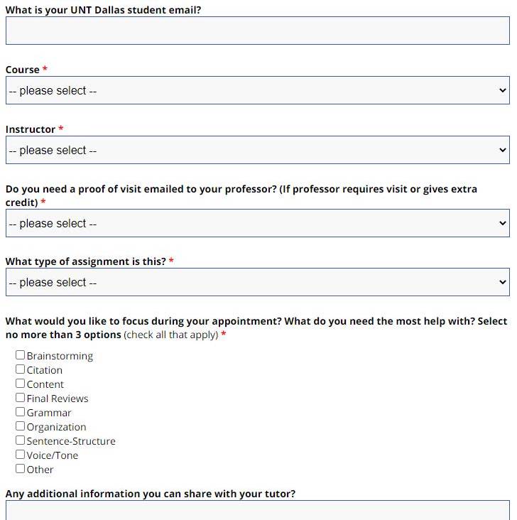screenshot of questions to create appointment